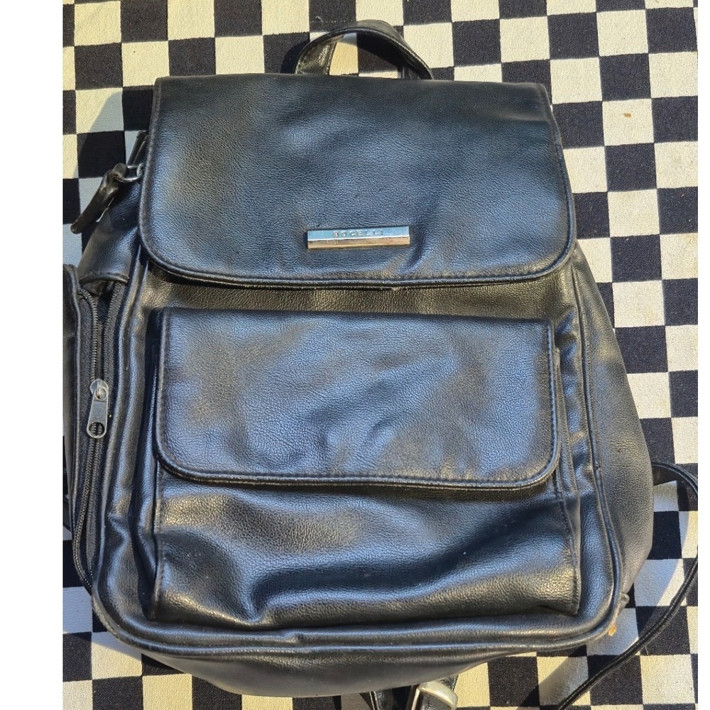 Bocelli Black Vinyl Backpack Vintage 90s Multi Pocket Flap‎ Rucksack Bag RepairI